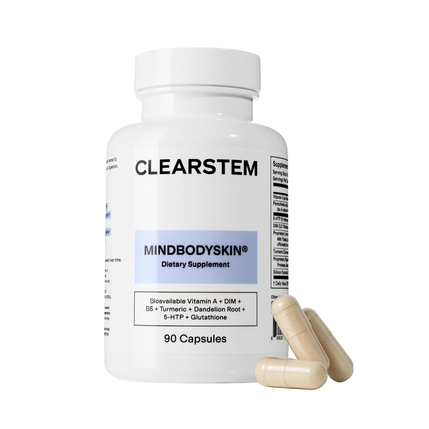 Clearstem Mindbodyskin Hormonal Acne Supplement, delaying signs of aging. Suitable for all skin types.